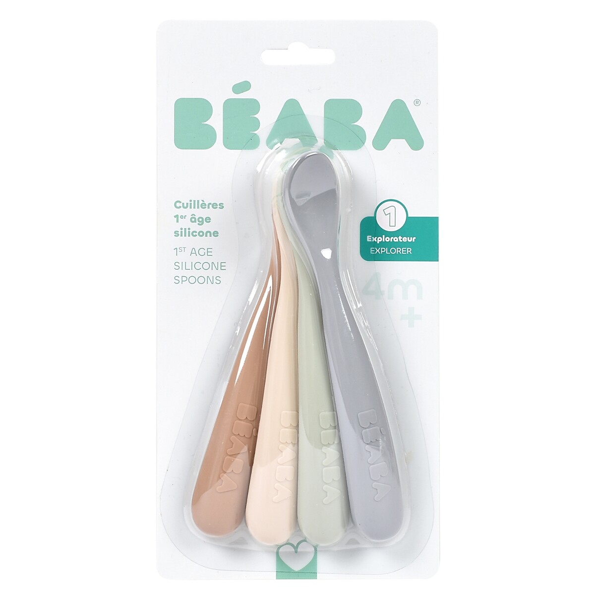 Lot de 4 cuillères 1er âge silicone naturel, BEABA