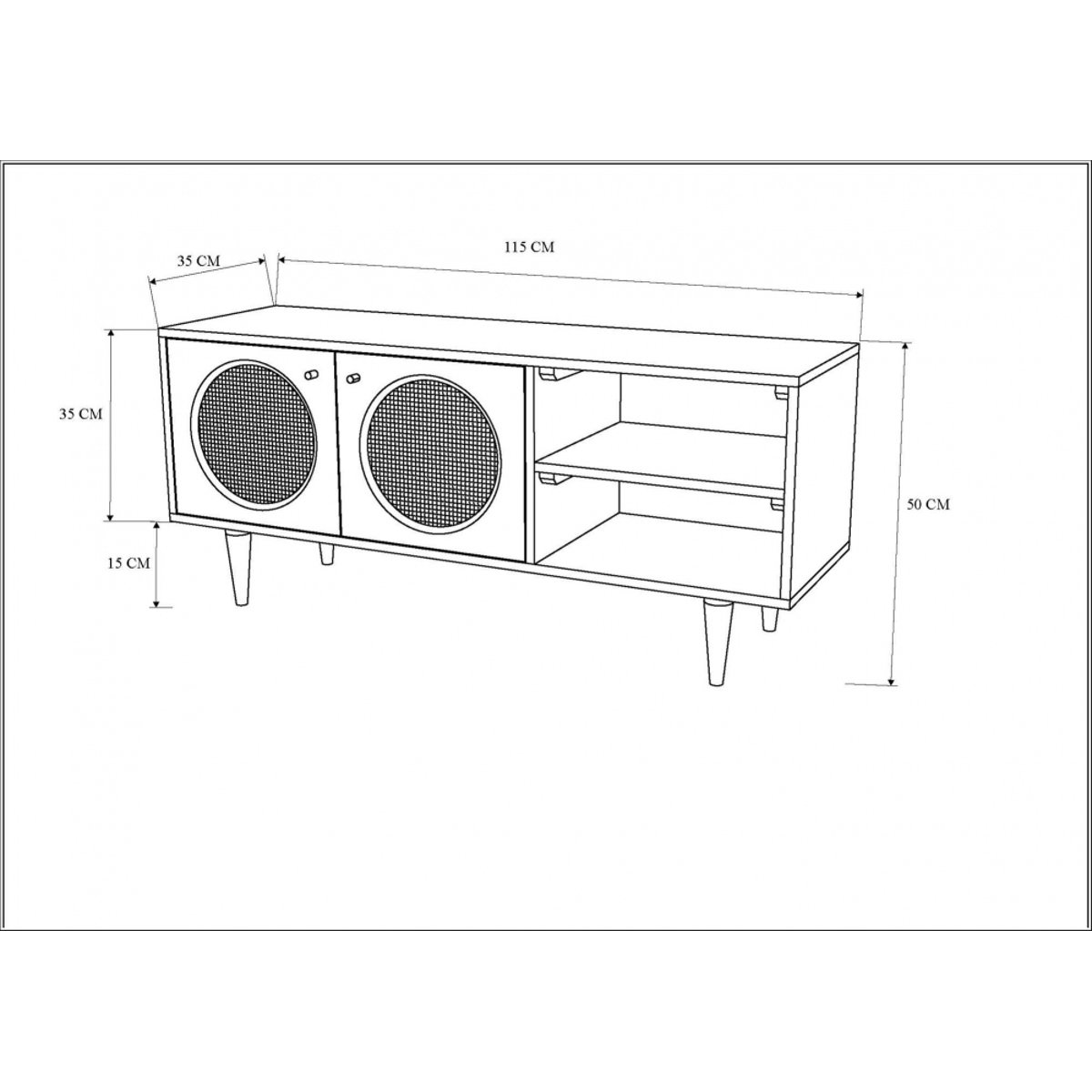 Meuble TV 2 portes en manguier et cannage L115 cm Domitille marron, AMADEUS