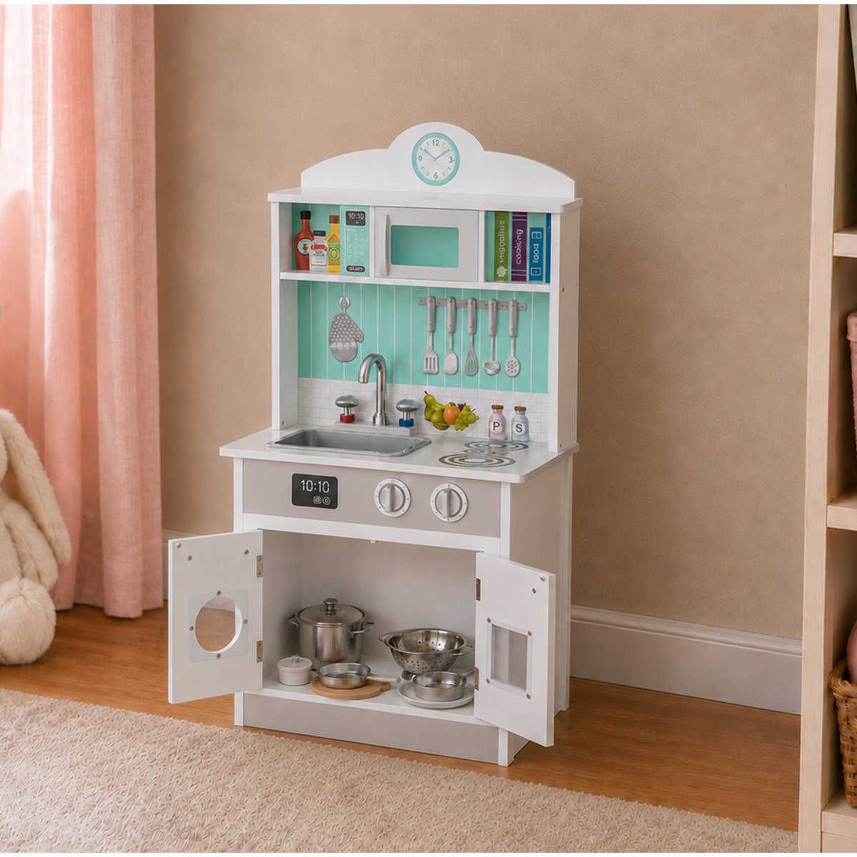 Cuisine Enfant avec évier, four et rangements, Bois, LITTLE CHEF gris, TEAMSON KIDS