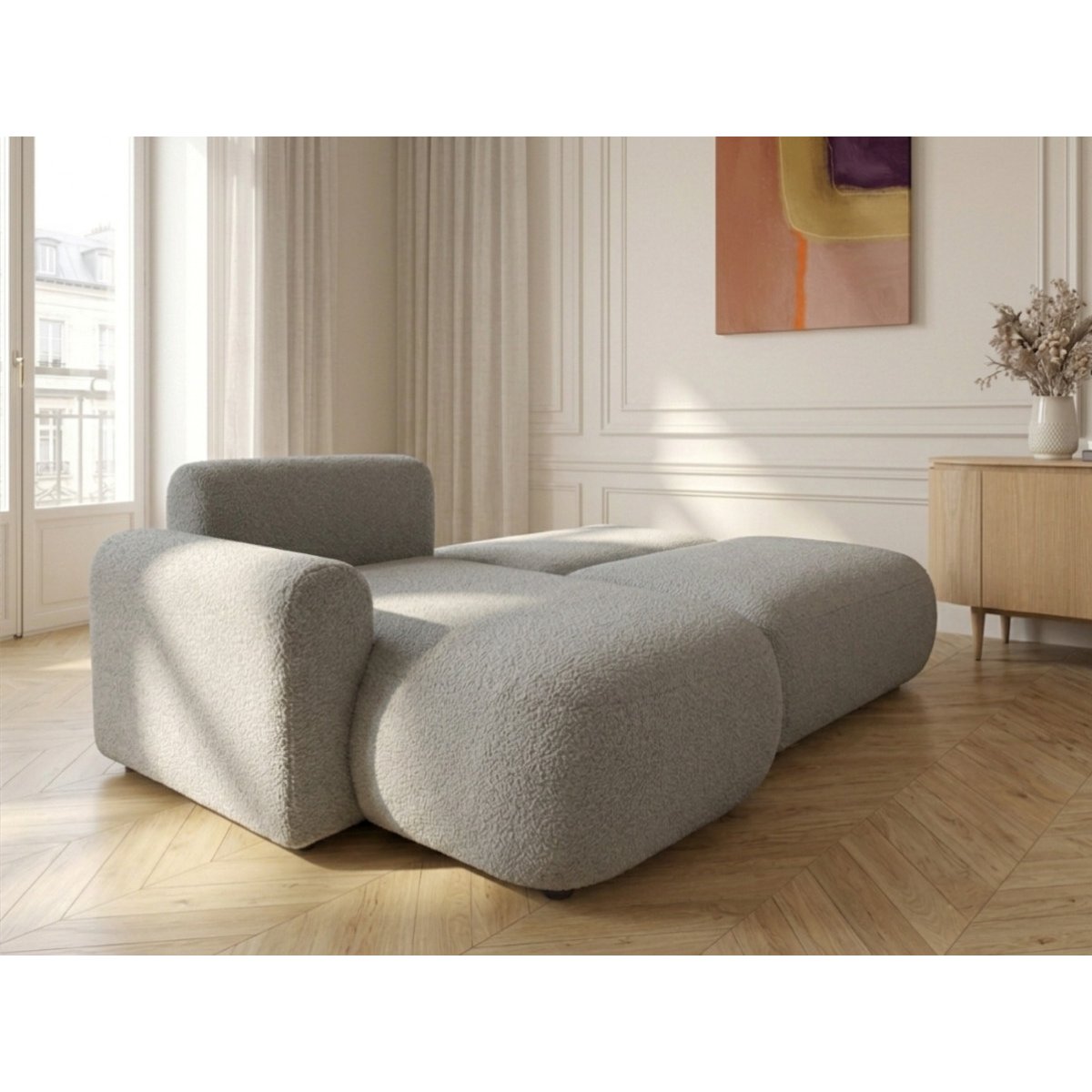 Canapé d'angle convertible 3 places en tissu bouclette, TANGO gris, BOBOCHIC