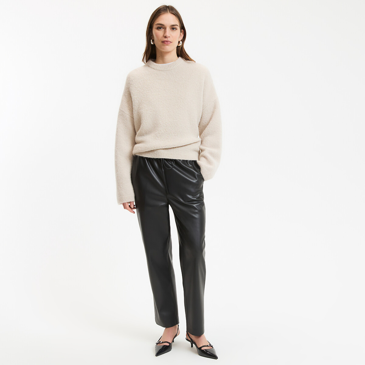 Ankle Grazer Straight Trousers in Faux Leather with Elasticated Waistband black, LA REDOUTE COLLECTIONS