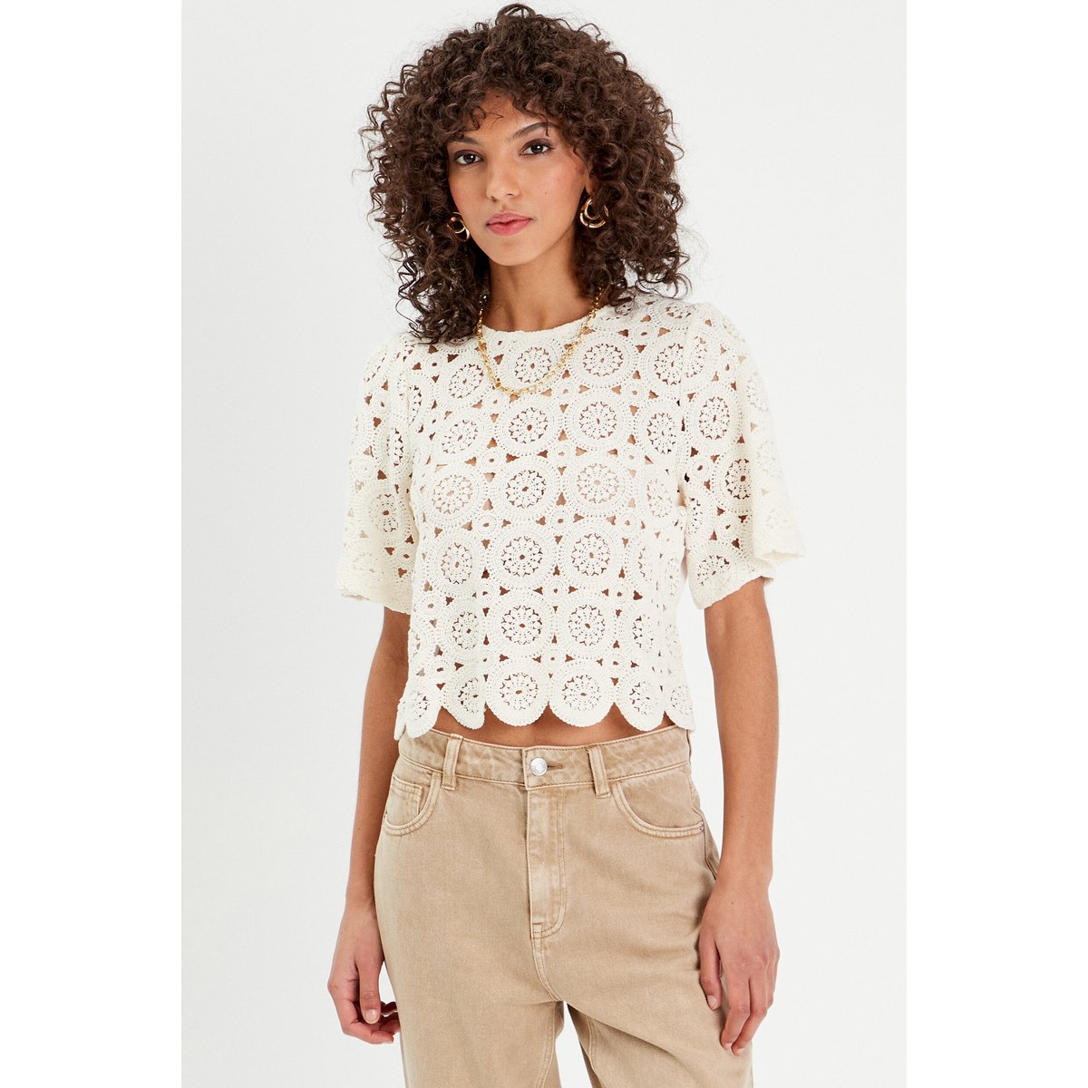 T-shirt macramé col rond ecru, CACHE CACHE