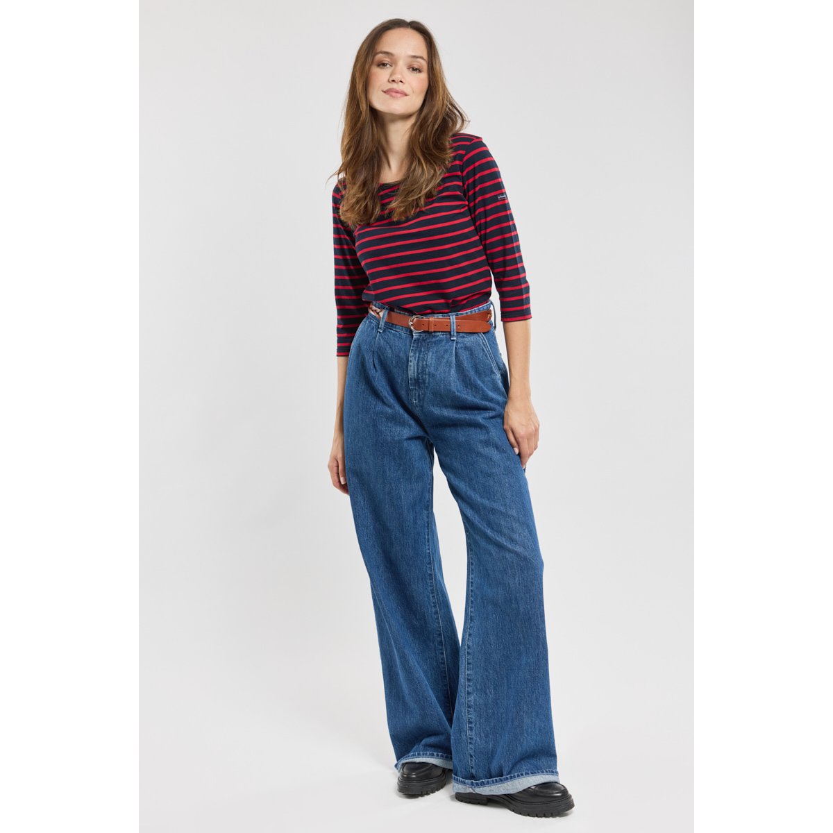 Marinière manches 3/4 en coton léger rich navy/braise, ARMOR-LUX