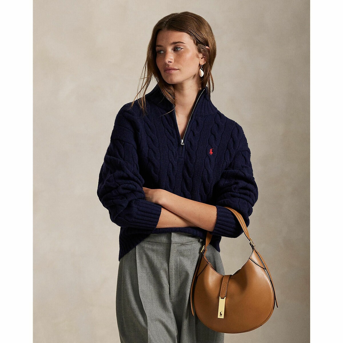 Pull col zippé en maille torsadée, 80% laine 20% cachemire marine, POLO RALPH LAUREN