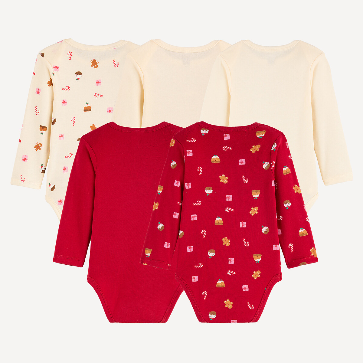 Set di 5 body per neonati, maniche lunghe, giromanica all’americana, tema natalizio grigio/beige, LA REDOUTE COLLECTIONS