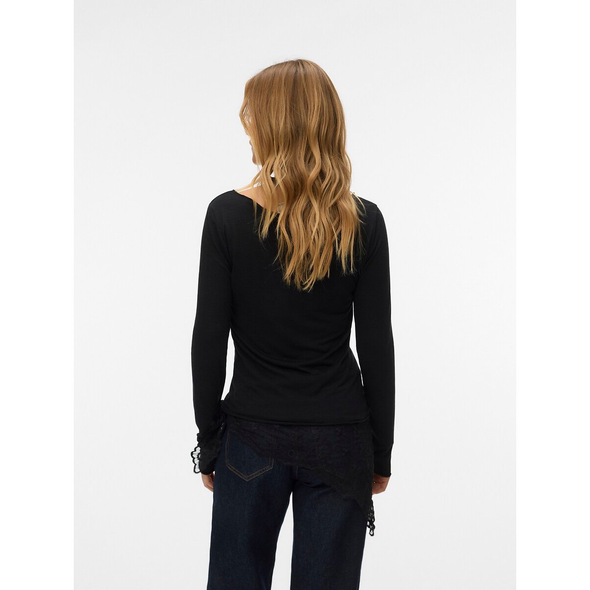 T-shirt com gola redonda e mangas compridas preto , VERO MODA