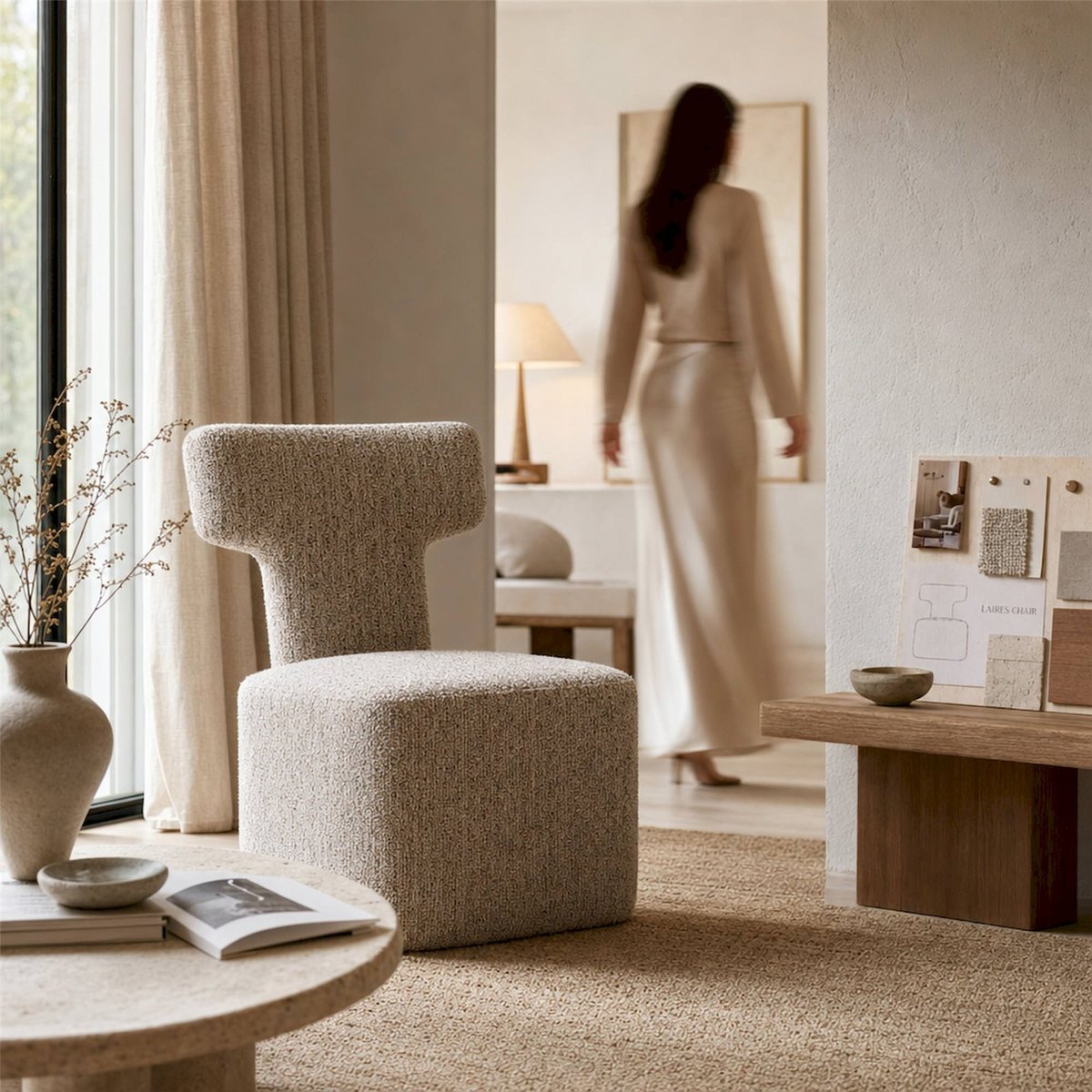 Chaise contemporaine en chenille beige chiné, RECOLLECTION