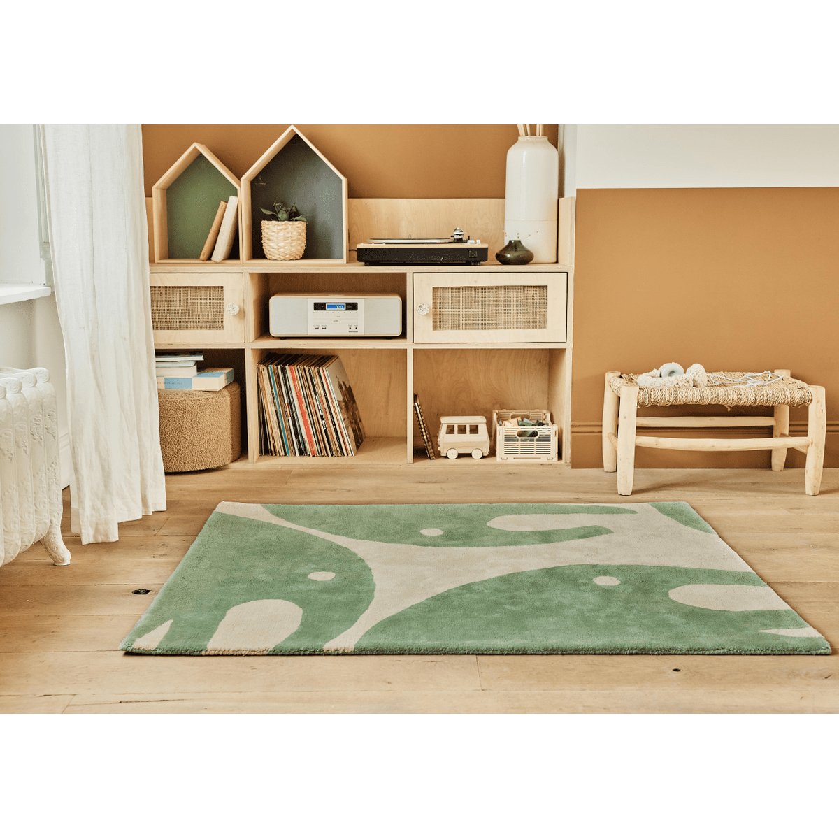 Tapis enfant rectangulaire épais, Coton bio GOTS, ELEPHANT vert, BLEUU STUDIO
