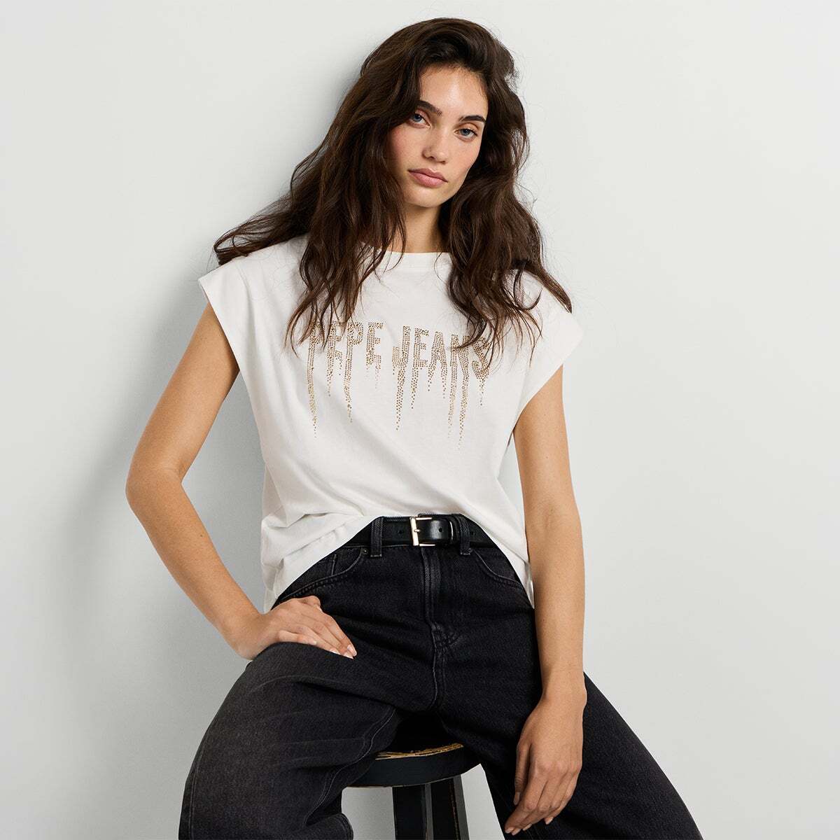 T-Shirt Sans Manches Logo Clous blanche mousse, PEPE JEANS