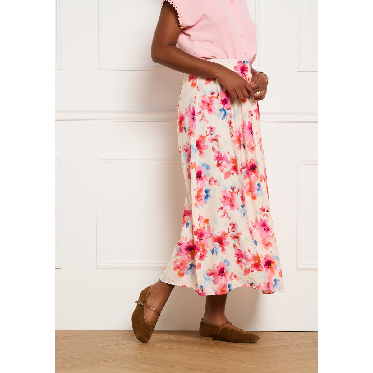 Jupe maxi imprimé fleuri rose clair, LOLALIZA