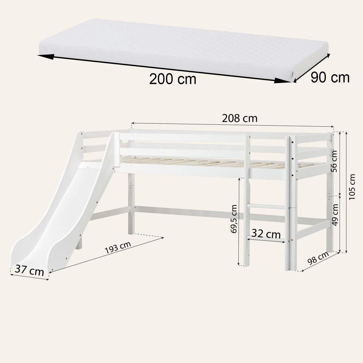 Lit toboggan pin massif ECO DREAM blanc, HOPPEKIDS