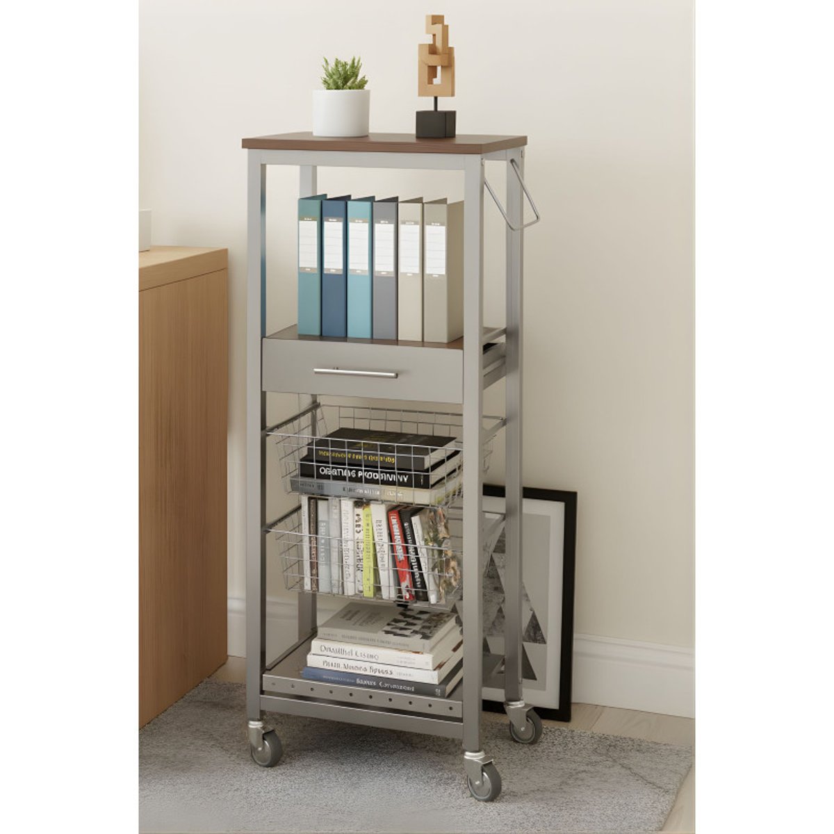 Chariot de cuisine haut ONDA ALUMINIUM, Meuble de rangement multifonction avec paniers, tiroir et porte-bouteilles cerisier le gard, DON HIERRO