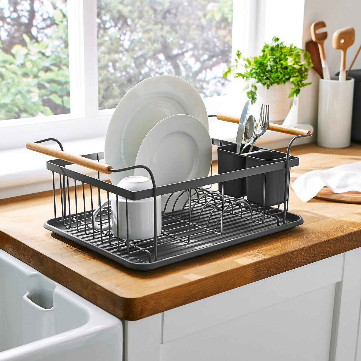 Scandi Dish Rack with Wooden Detail grey, TOWER