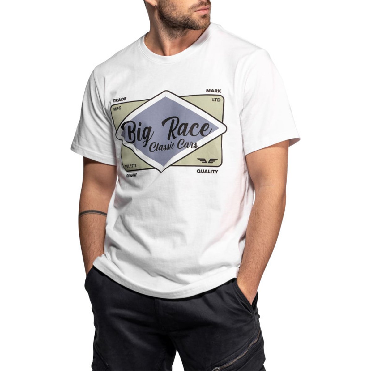 T-shirt Rusk en coton blanc imprimé à coupe droite pourvu d'un col rond blanc, DAYTONA