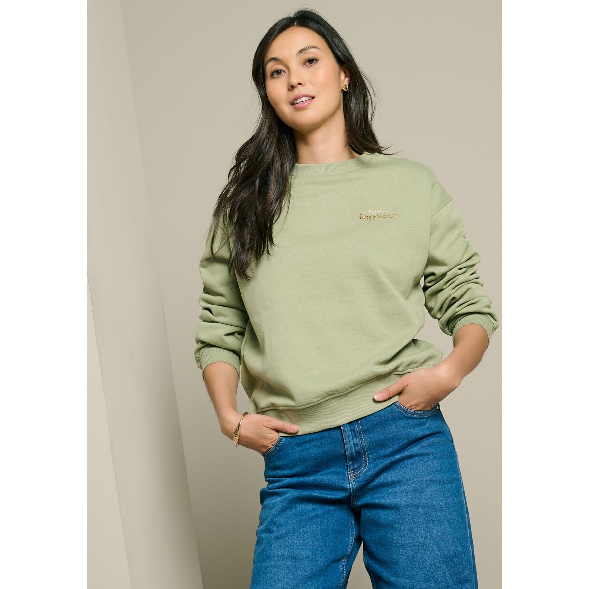 Sweat coupe ample brodé khaki, LOLALIZA
