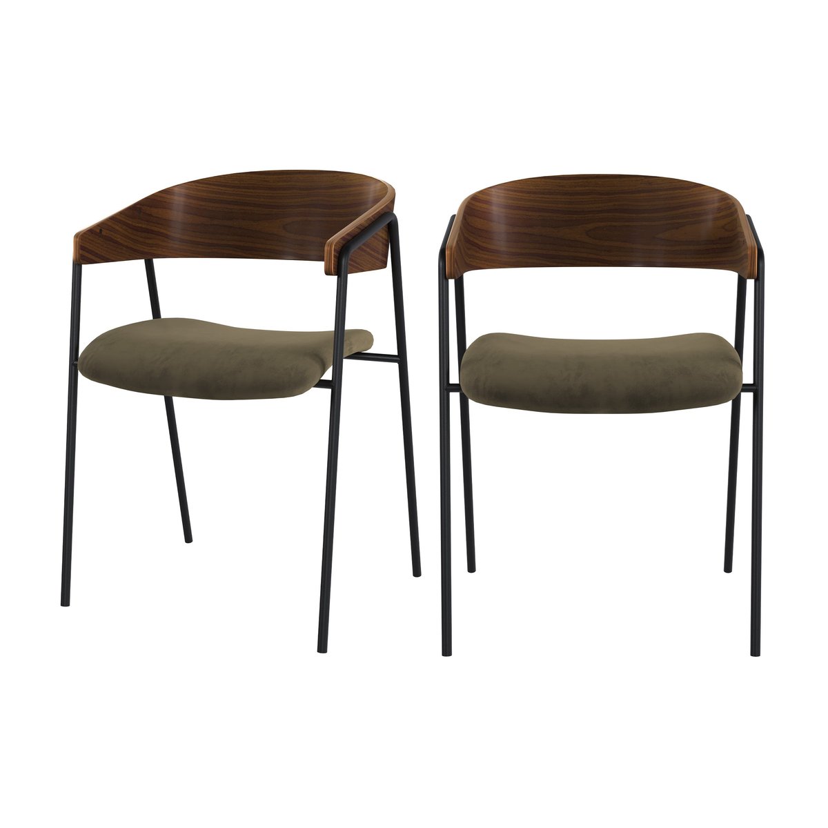 Lot de 2 chaises en velours et bois de noyer - ESMÉE vert kaki, MAISON PAVANE