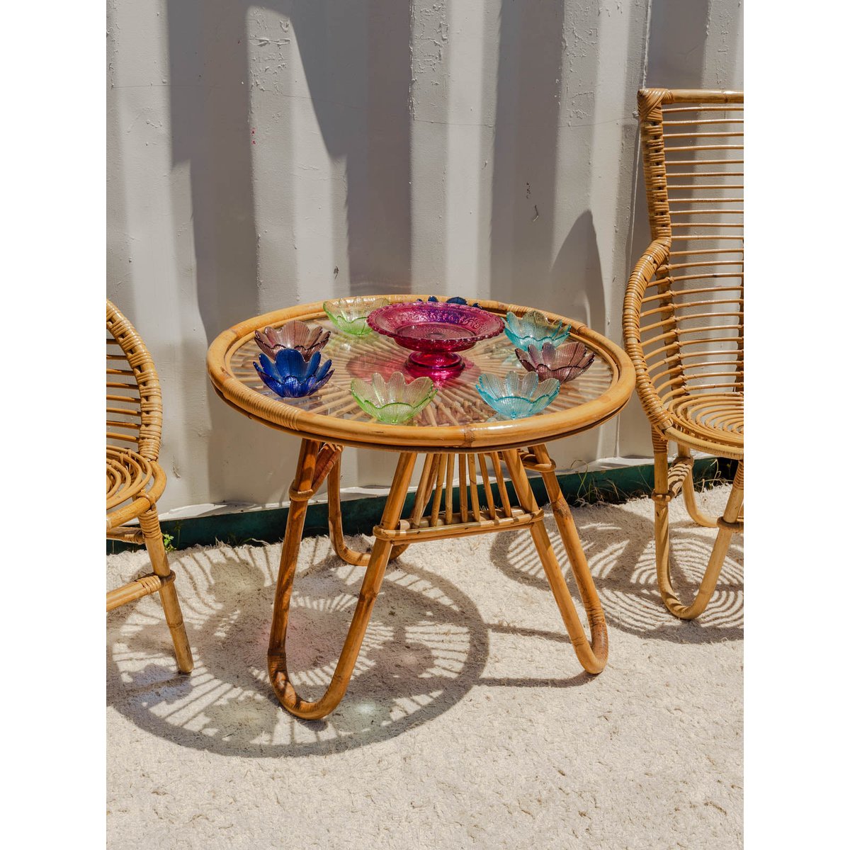 Ensemble de table et fauteuils en rotin Ange N°24 - Bon état bois clair, DEBONGOUT