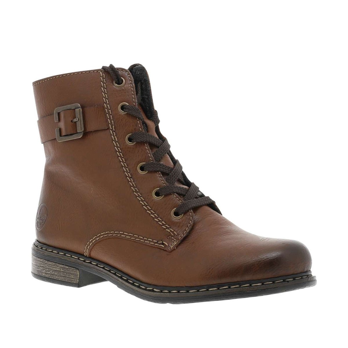 Bottines cognac à talon décroché bas avec des lacets et un zip latéral cognac, RIEKER