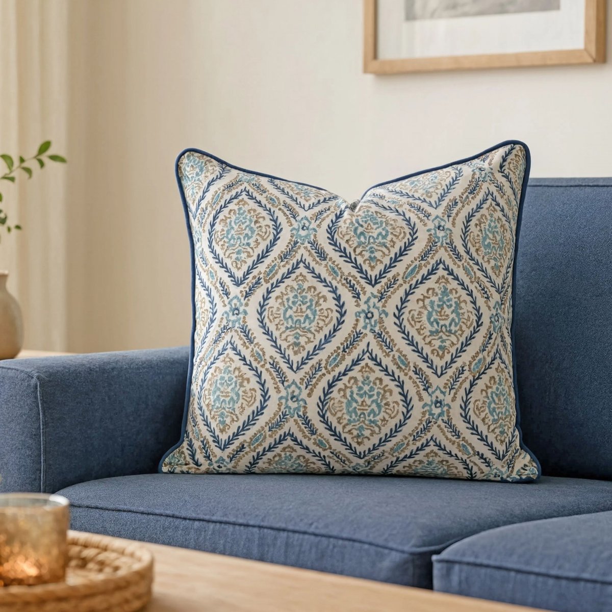 Housse de coussin Ogee bleu, beige, vert, ARCHIV