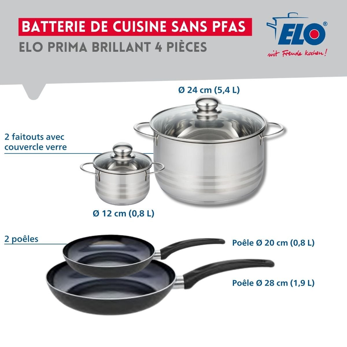 Batterie 2 poêles 20/28cm + 2 faitouts 12/24cm PRIMA BRILLANT noir, ELO