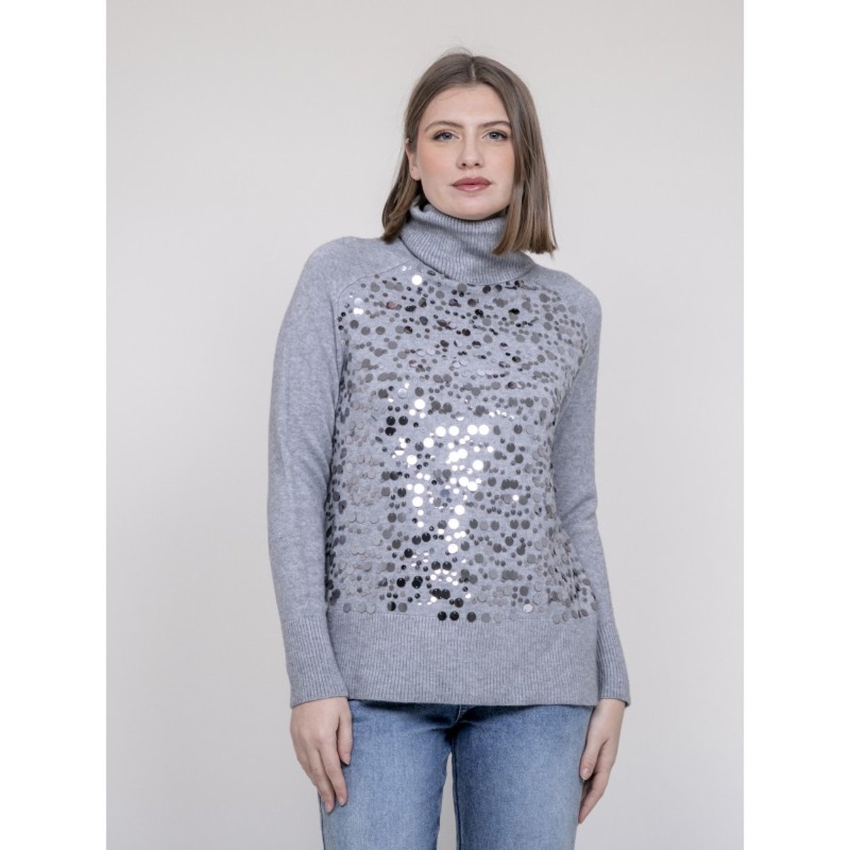 Pull Col Roulé à Sequins Kilision gris, DONA LISA