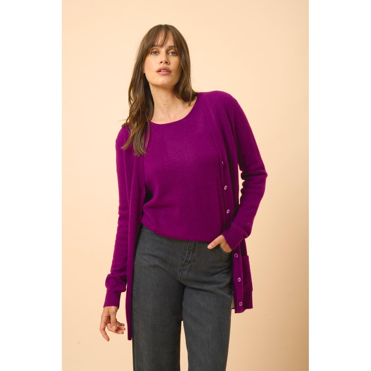 Cardigan Col V Prune Chelsea violet chiné, JUST CASHMERE