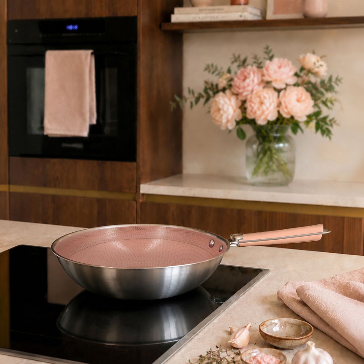 Wok 28cm en acier inoxydable, AGLAE inox-rose, MENASTYL