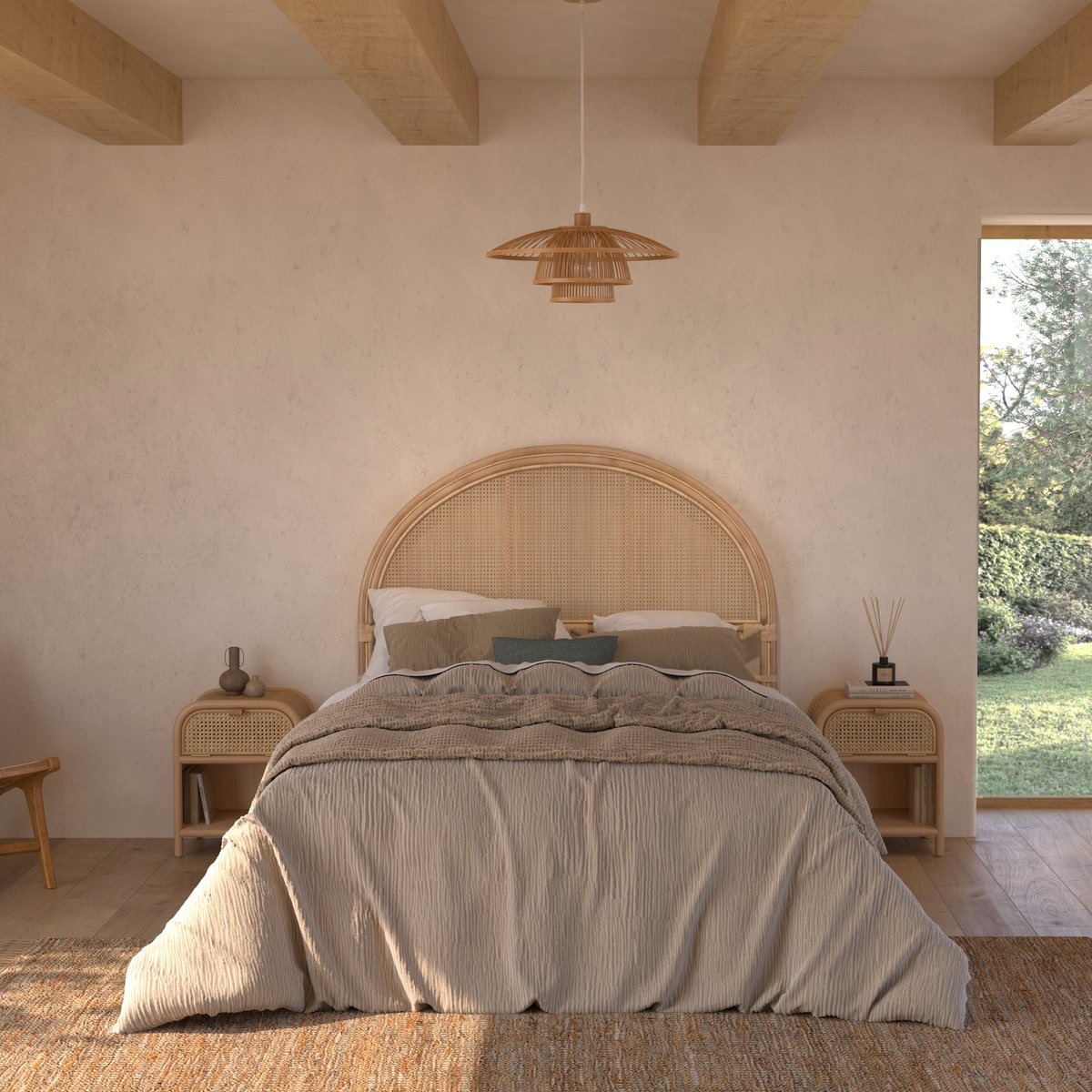 Table de chevet en bois massif, 1 porte et 1 niche - ALATA marron clair, MAISON PAVANE