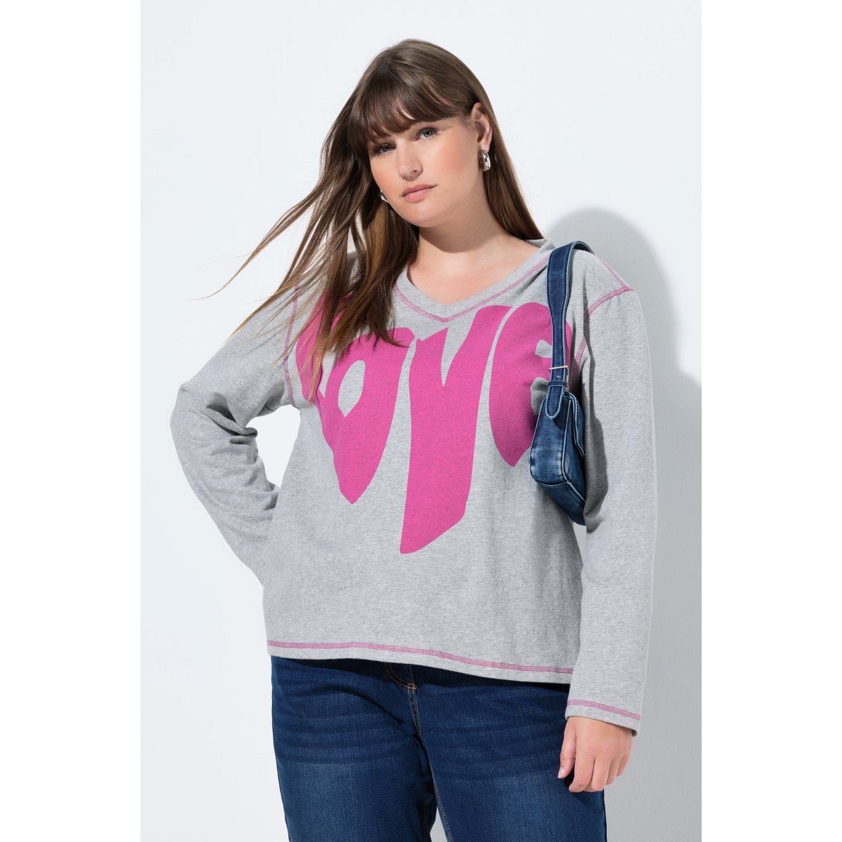 Sweat-shirt coupe évasée, motif Love gris clair chiné, ULLA POPKEN