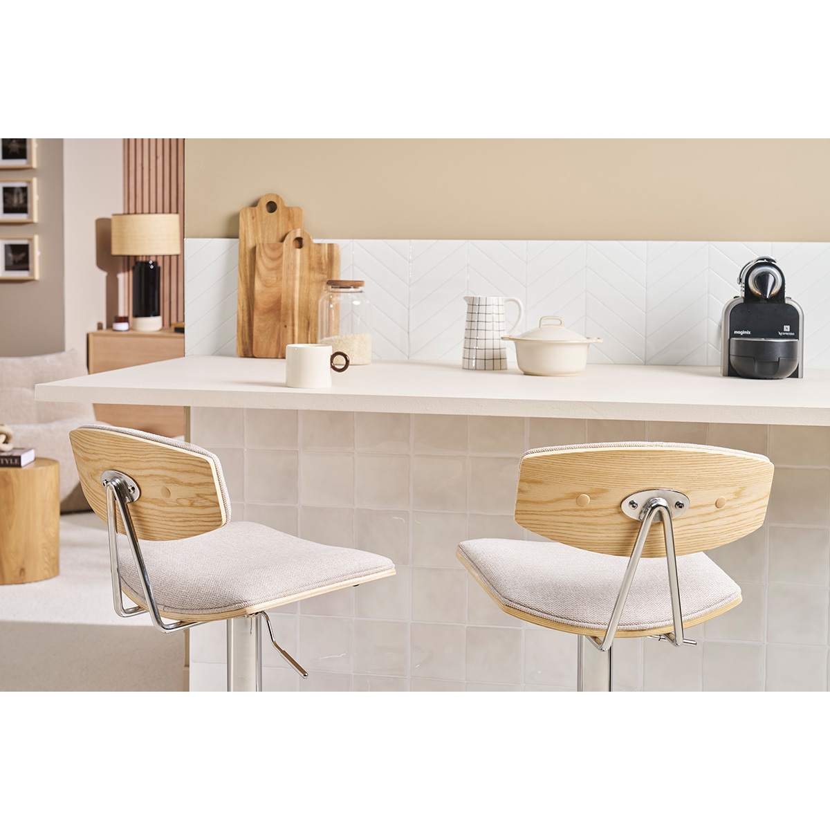 VASCO Tabourets de bar design réglables en tissu effet velours texturé beige et métal ( lot de 2 ) beige, MILIBOO