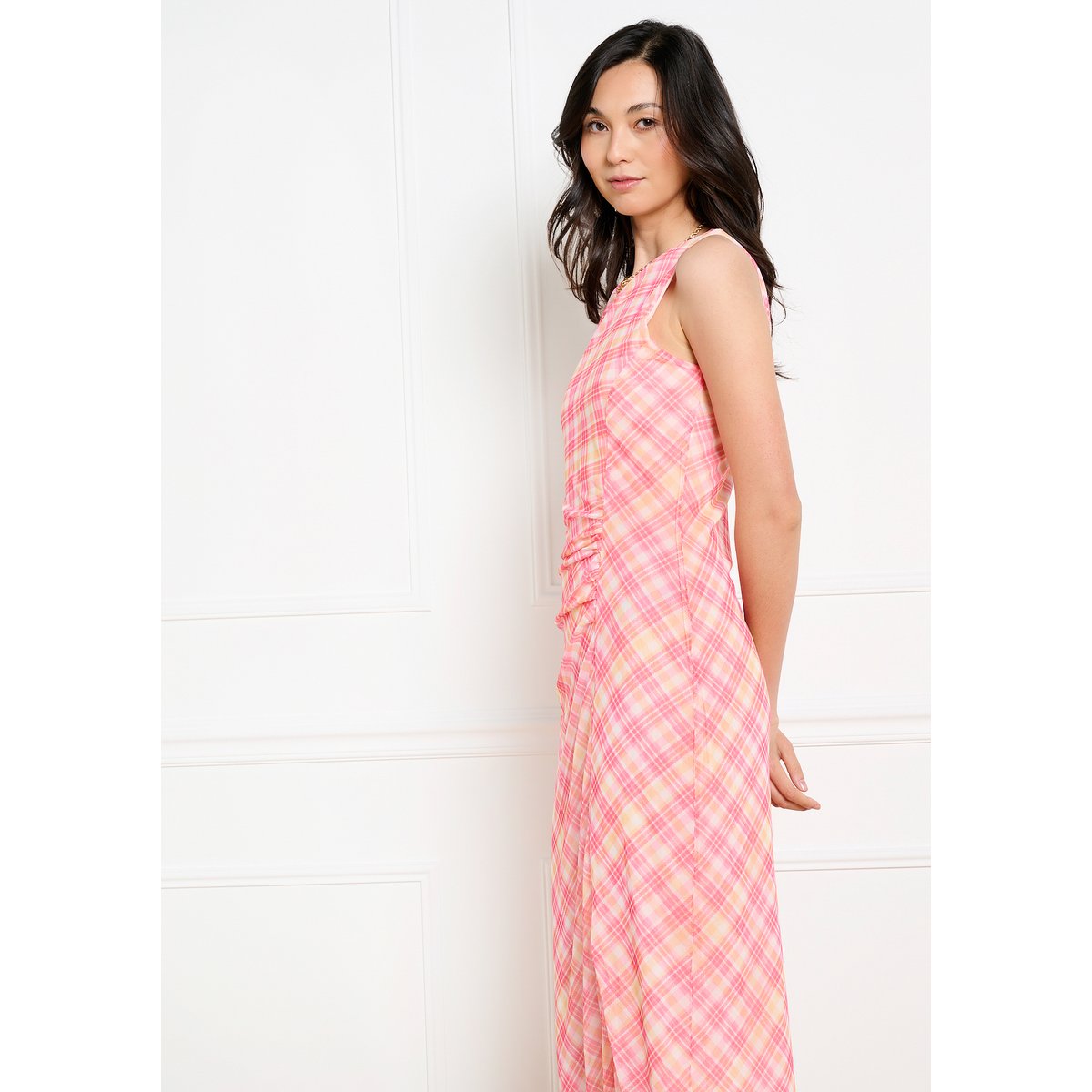 Robe midi en mesh à carreaux orange, LOLALIZA