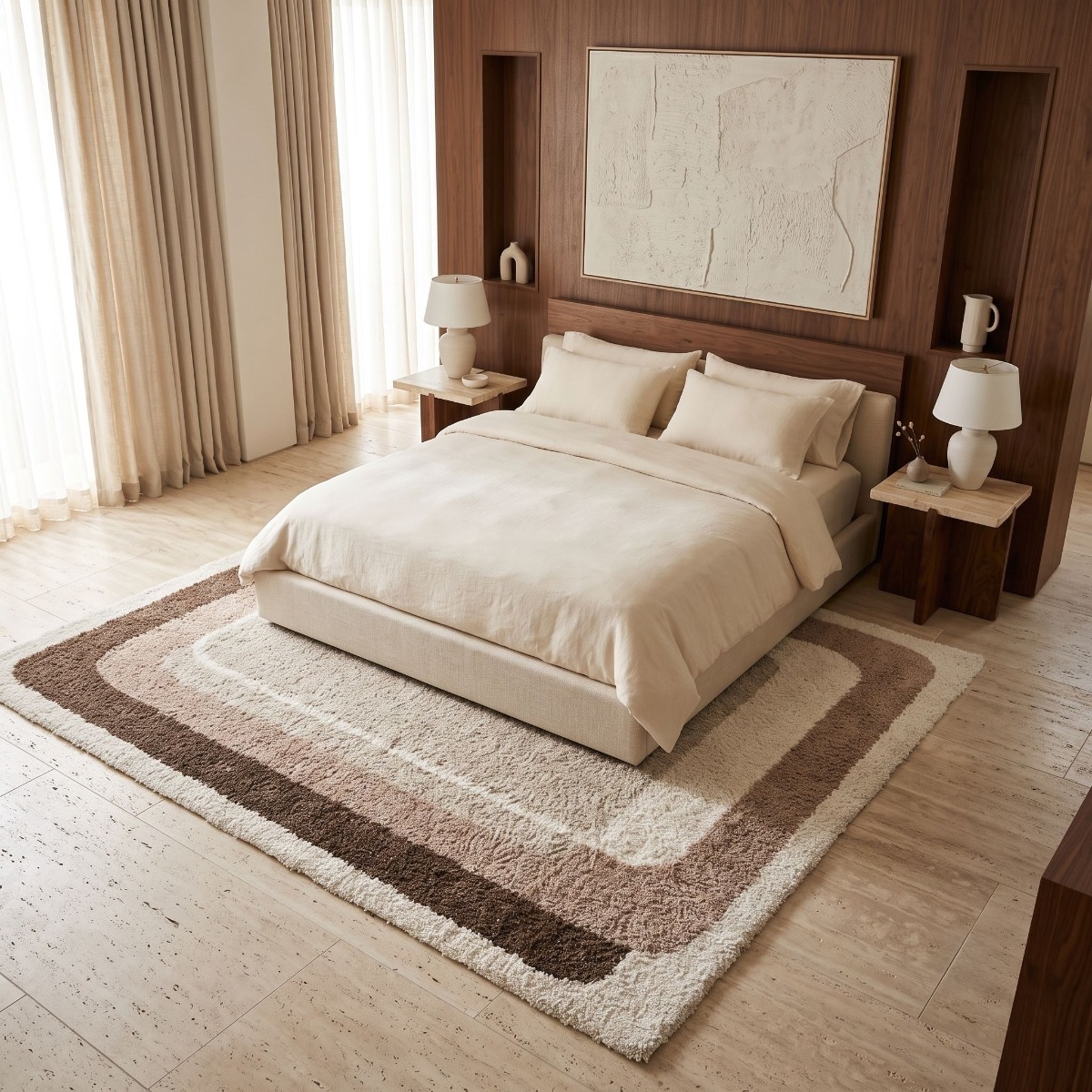 Tapis shaggy doux graphique MOKA DEUX CADRES beige et marron, THE DECO FACTORY