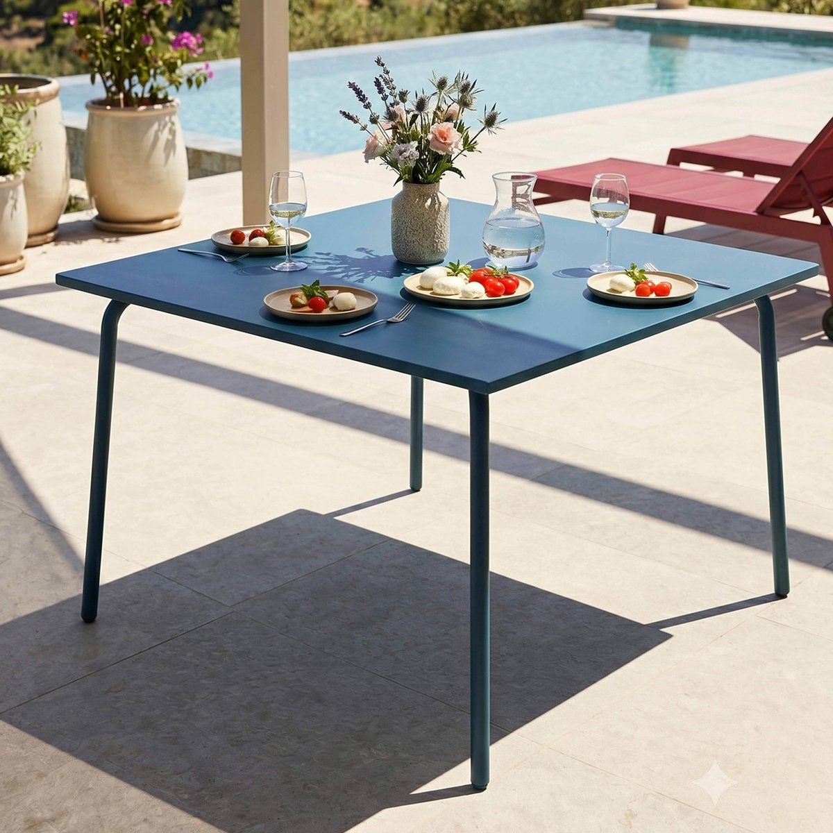 Table de jardin carrée en métal 8 places 120cm PALAVAS bleu pacific, OVIALA
