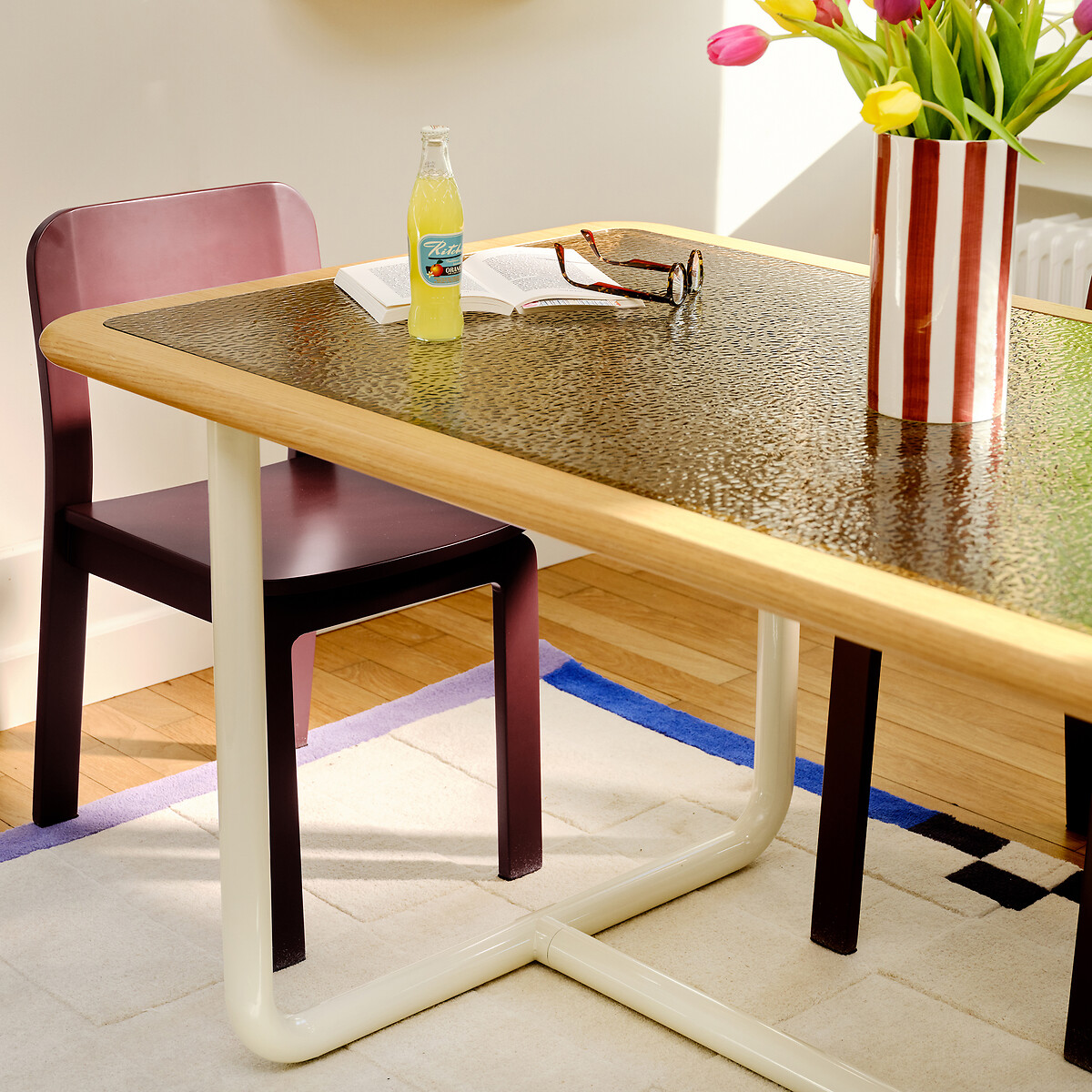Table à manger rectangulaire, plateau verre bullé, 6 personnes, UBLO chêne/beige, LA REDOUTE INTERIEURS