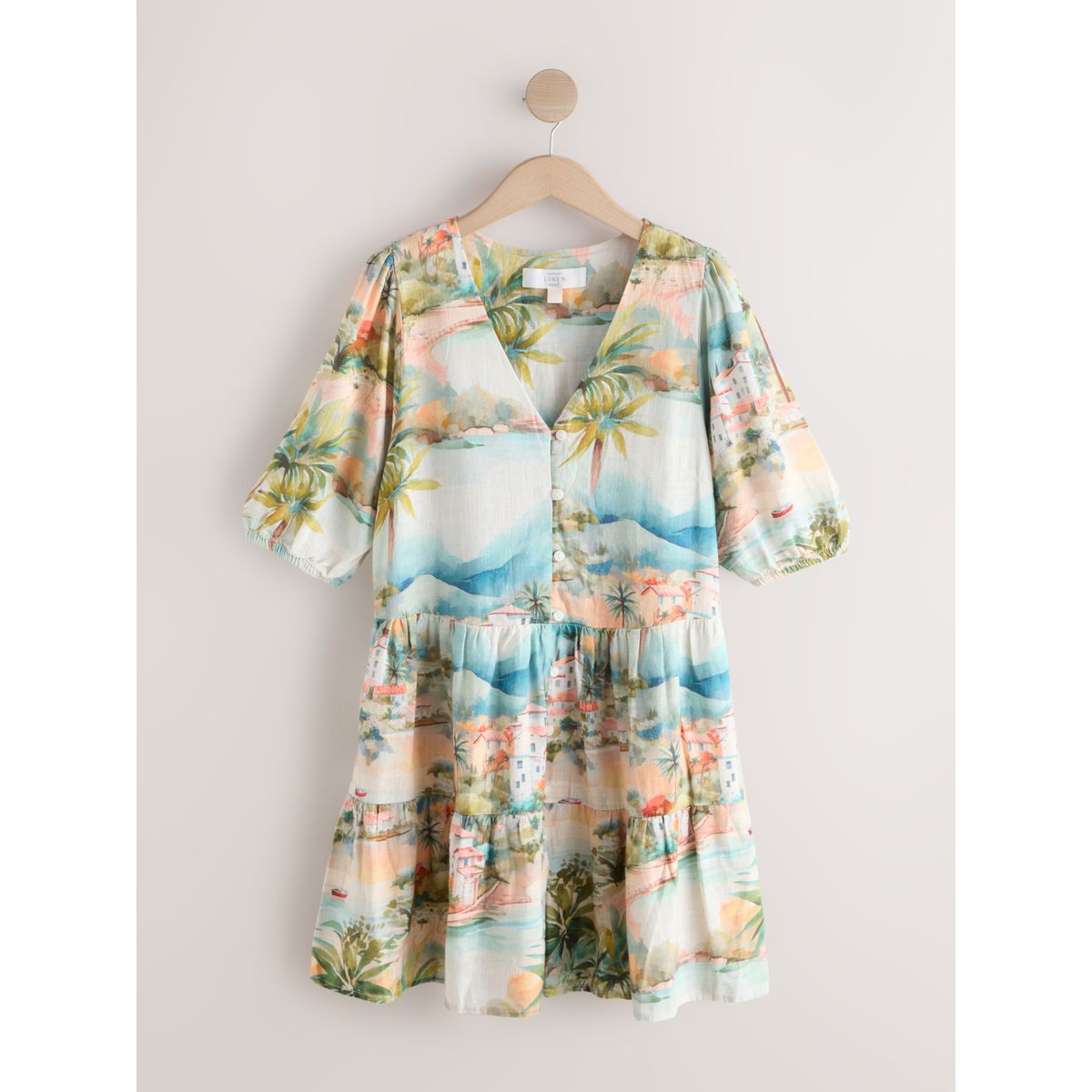 Mini robe boutonnée manches courtes lin impression de la maison bleue, NEXT
