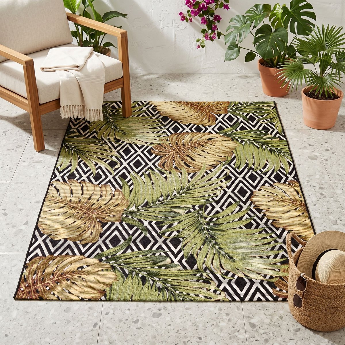 Tapis d'extérieur tissé à plat à l'aspect exotique - AURORA noir, GINO FALCONE