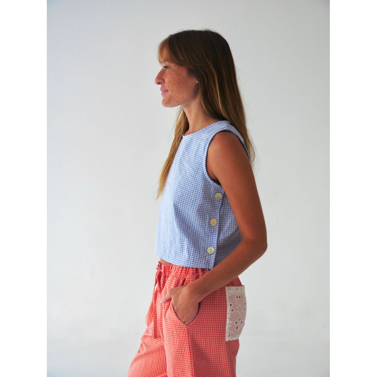 Top vichy boutons latéraux CLAUDIA bleu ciel, MINDTRAVELER