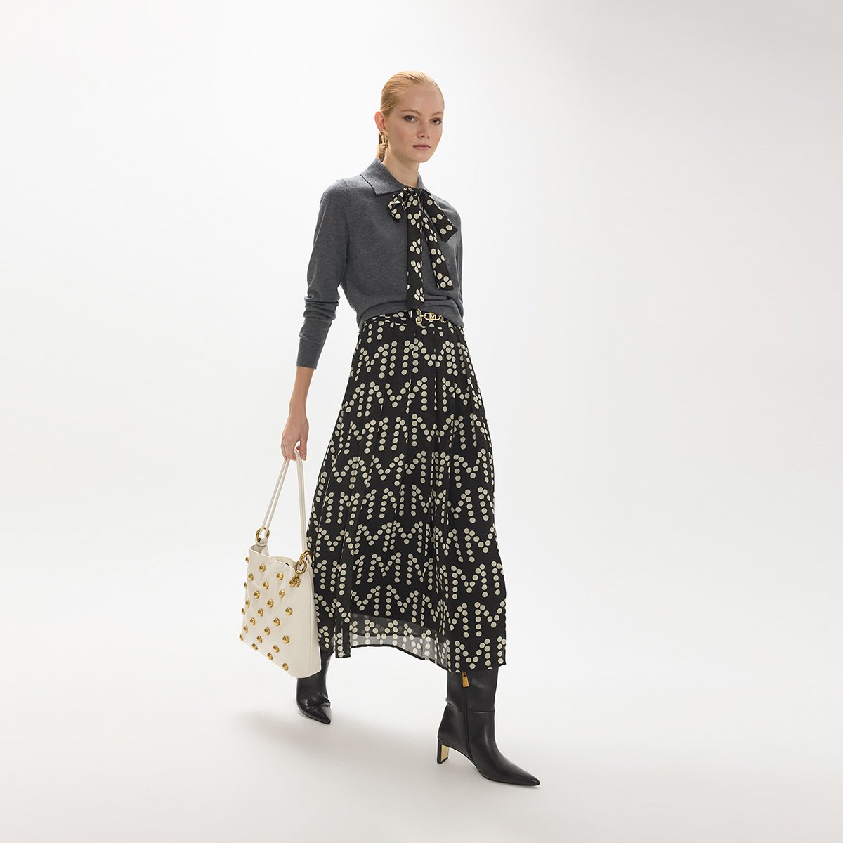 Jupe plissée imprimée à pois avec boucle personnalisée noir, LOLA CASADEMUNT