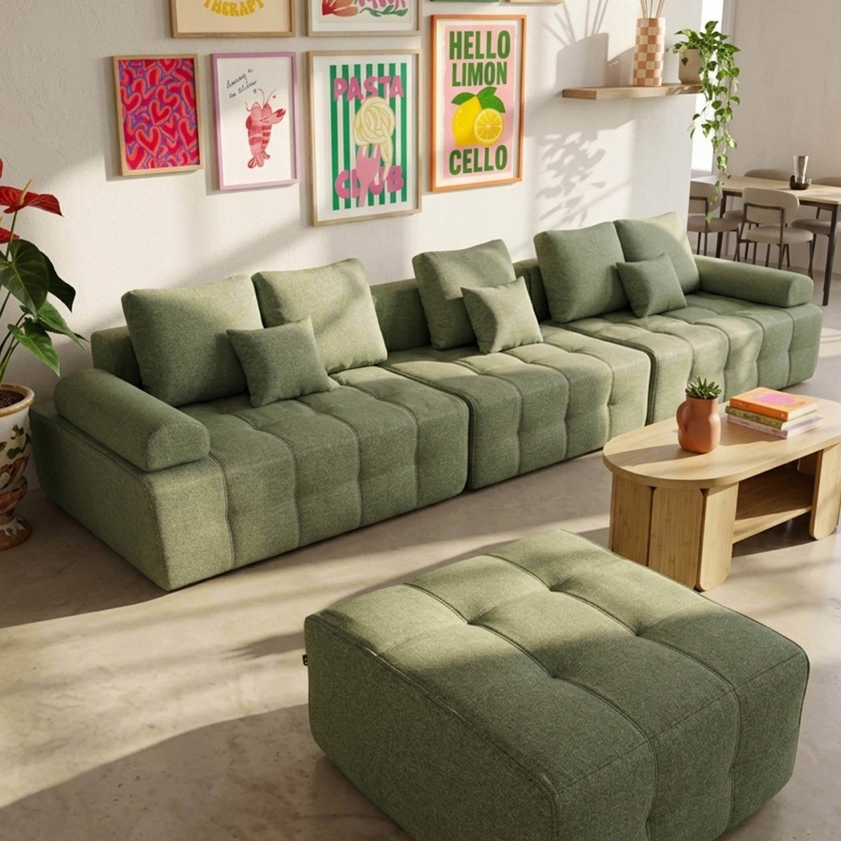 Canapé modulable compressé 5 places en tissu avec pouf et coussins, SNUGGY vert, OVIALA