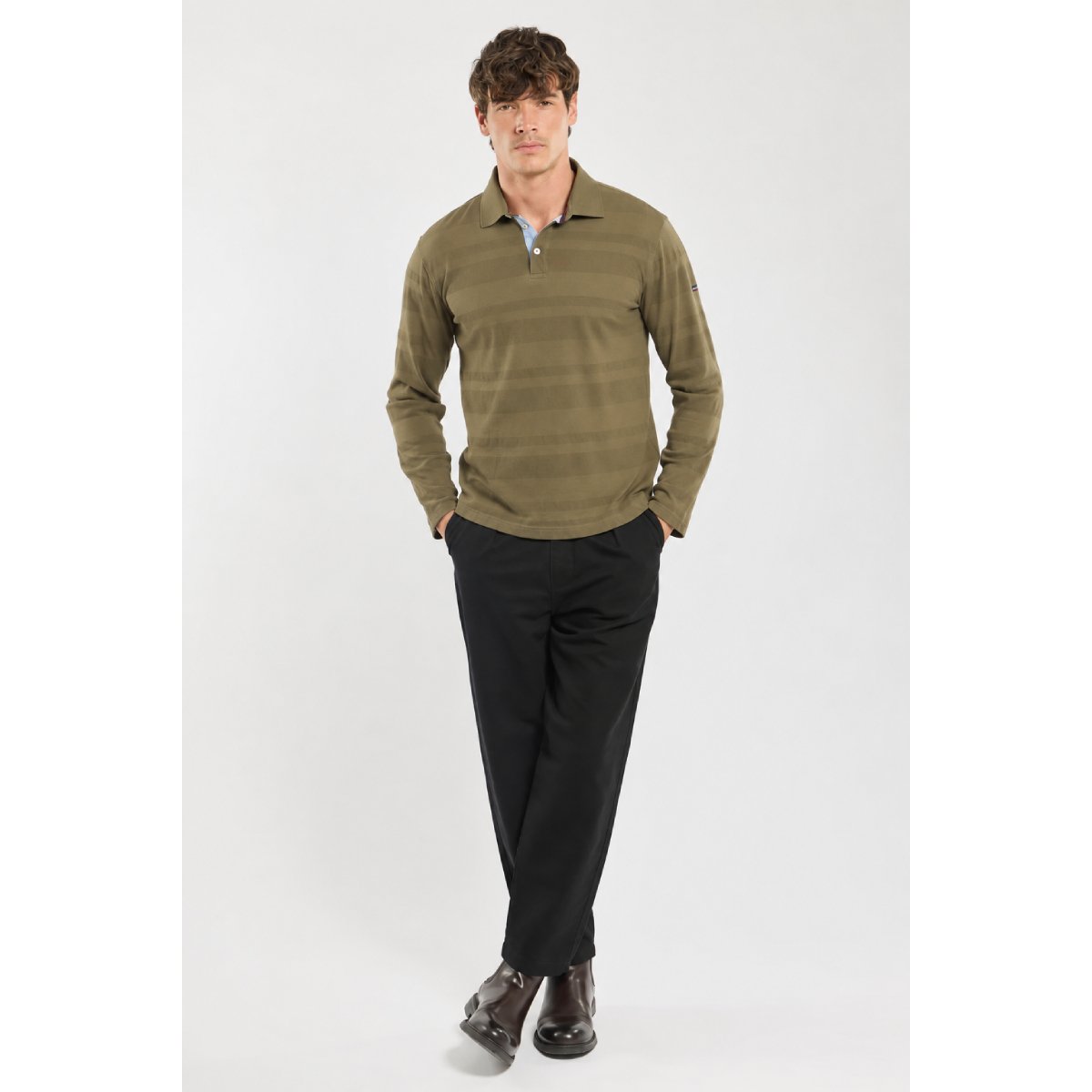 Polo rayures fantaisie en coton pour homme olive, ARMOR-LUX