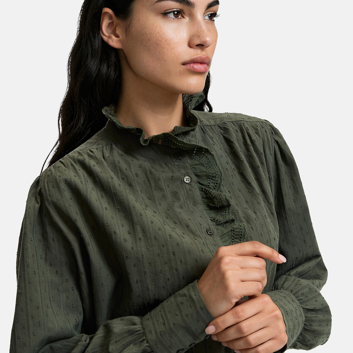 Signatures Charlène Embroidered Openwork Victorian Collar Shirt khaki green, LA REDOUTE COLLECTIONS