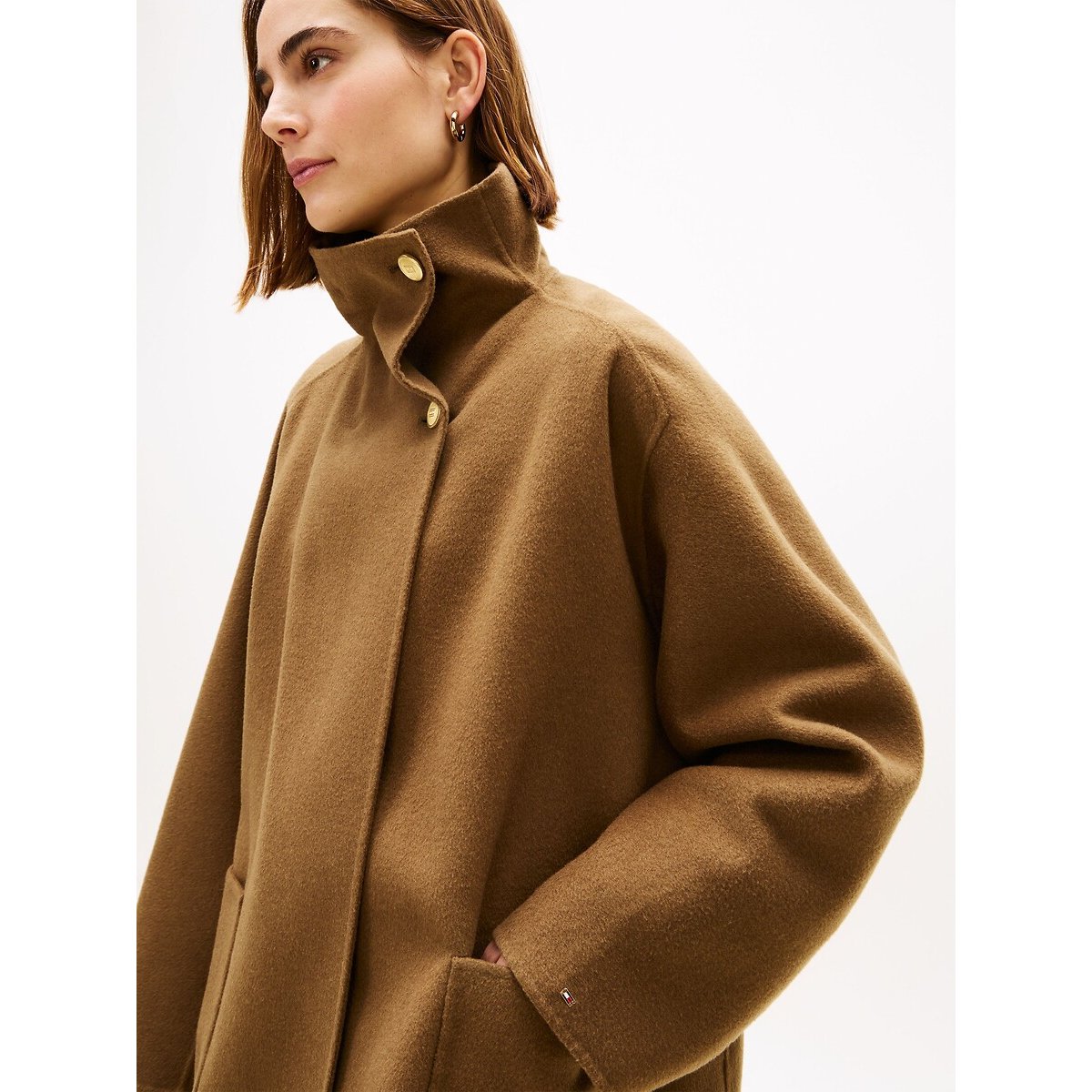 Manteau mi-long à col montant taupe, TOMMY HILFIGER