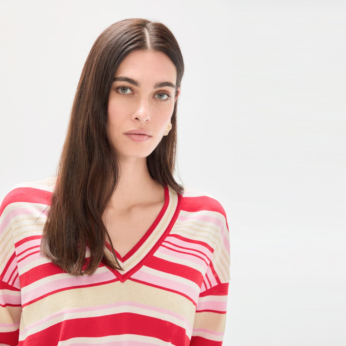 Pull esprit marinière à col V rayé rose, LOLA CASADEMUNT