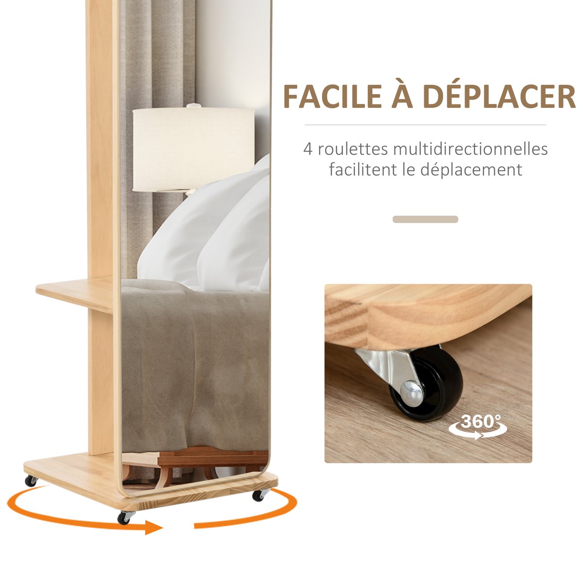 Miroir en pied MDF Bois naturel beige, HOMCOM