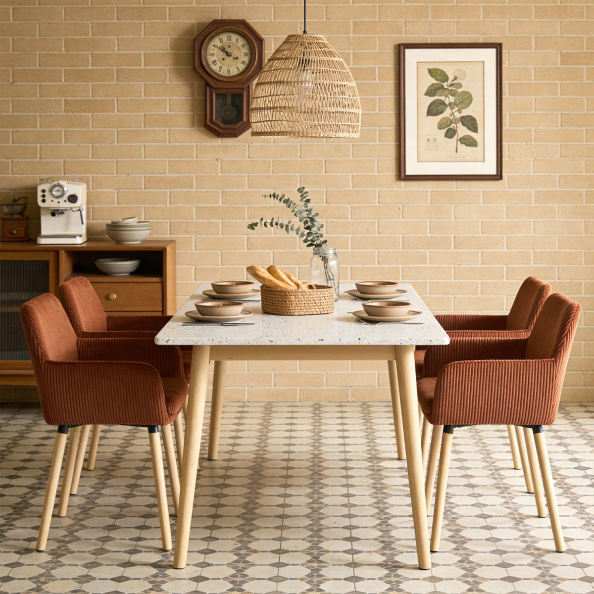 Lot de 4 chaises de salle à manger velours côtelé scandinave, ELIA rouge, MEUBLES COSY