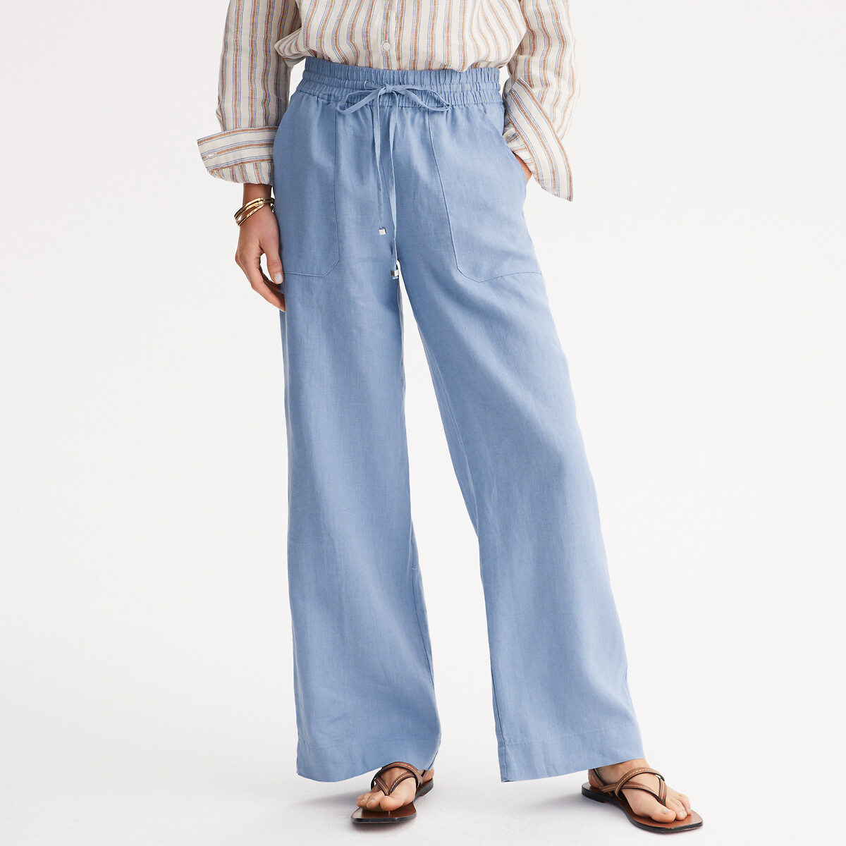 Linen Wide Leg Trousers with Elasticated Waistband grey-blue, ANNE WEYBURN