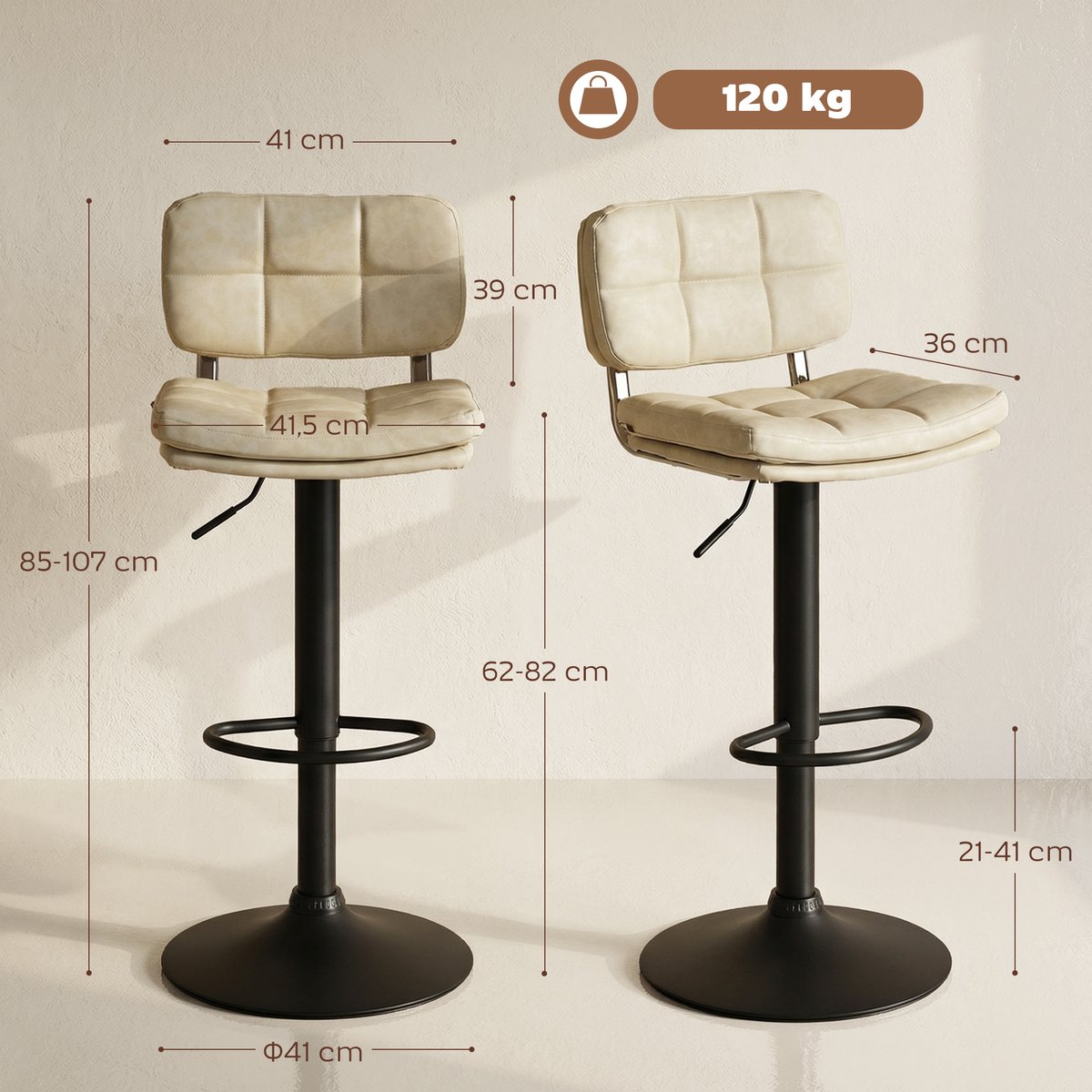 Tabouret de bar Revêtement synthétique PU crème, noir, HOMCOM