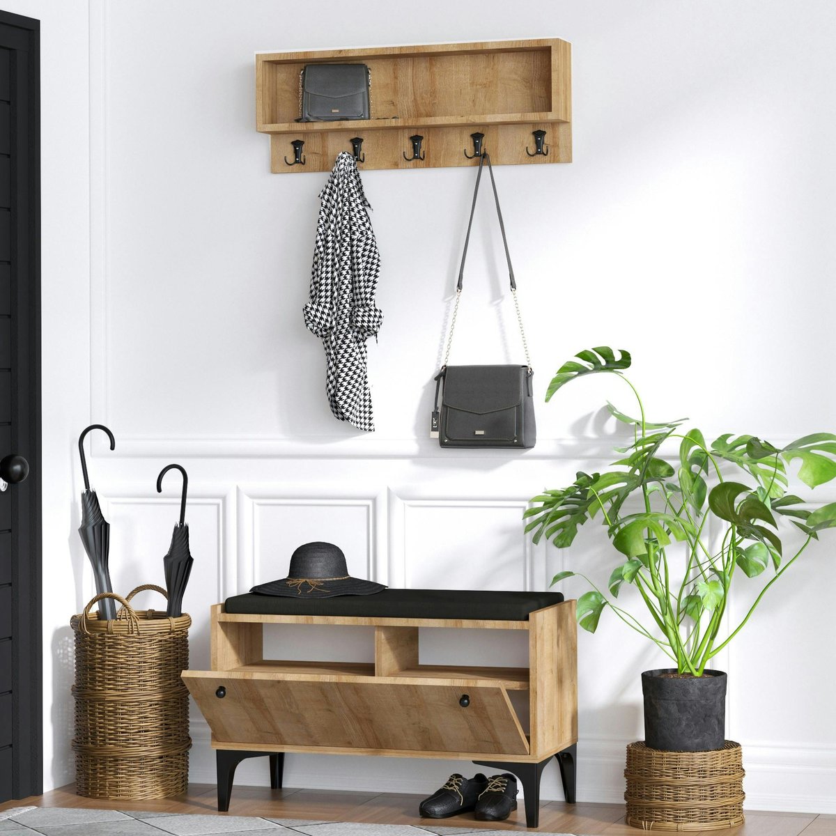 Banquette entrée noire - casier chaussures & portemanteau JENA bois naturel, PIER IMPORT