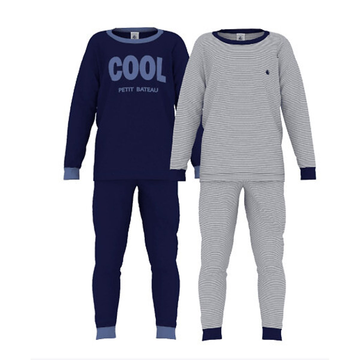 Lot de 2 pyjamas en coton, avec message et rayures rayé + bleu marine, PETIT BATEAU