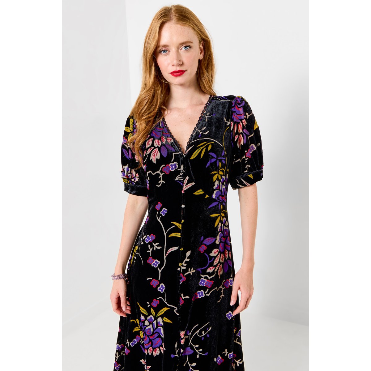 Ravissante Robe Boutonnée en Velours Dévoré noir, JOE BROWNS